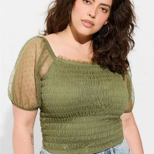 Torrid Dot Mesh Square Neck Smocked Crop Top in color Olivine NEW WITH TAGS!!